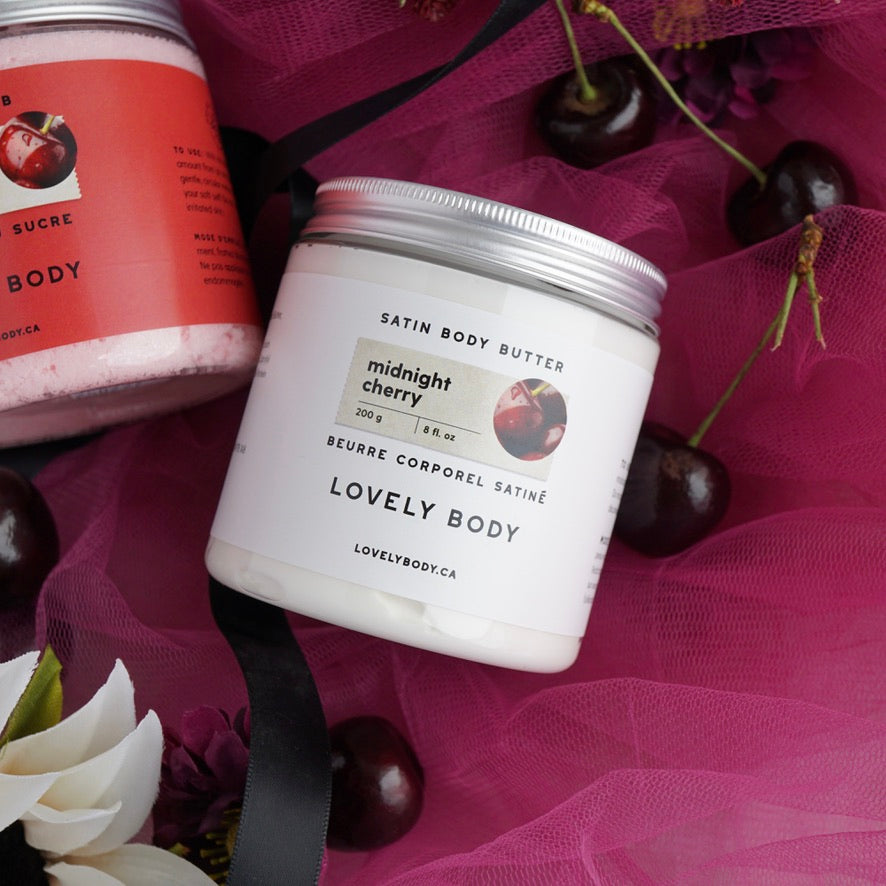 Midnight Cherry Satin Body Butter - NEW Scent for Spring - Black Cherry, Raspberry, Vanilla, Sandalwood