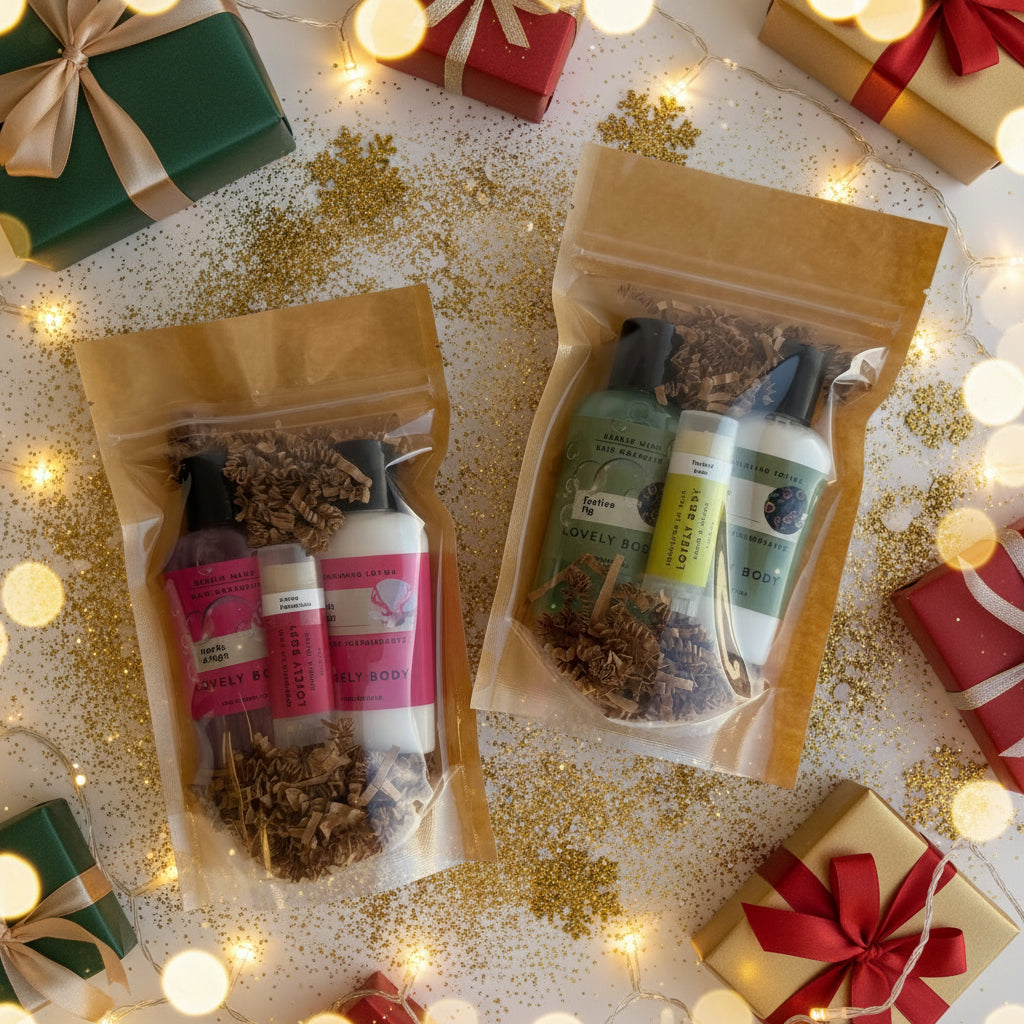 Two packages of natural skincare products with herbs on a light background