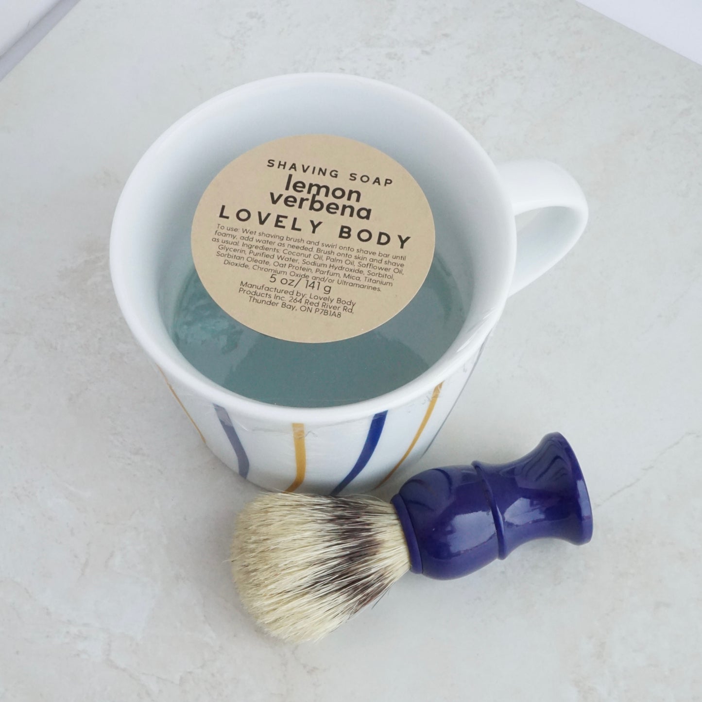 Shaving Soap & Brush in Ceramic Mug - North Shore & Lemon Verbena Scents