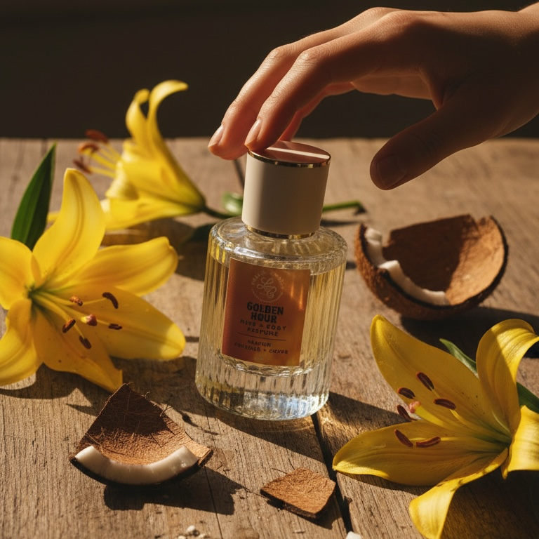Bottle of hair and body perfume, surrounded by coconut and lily