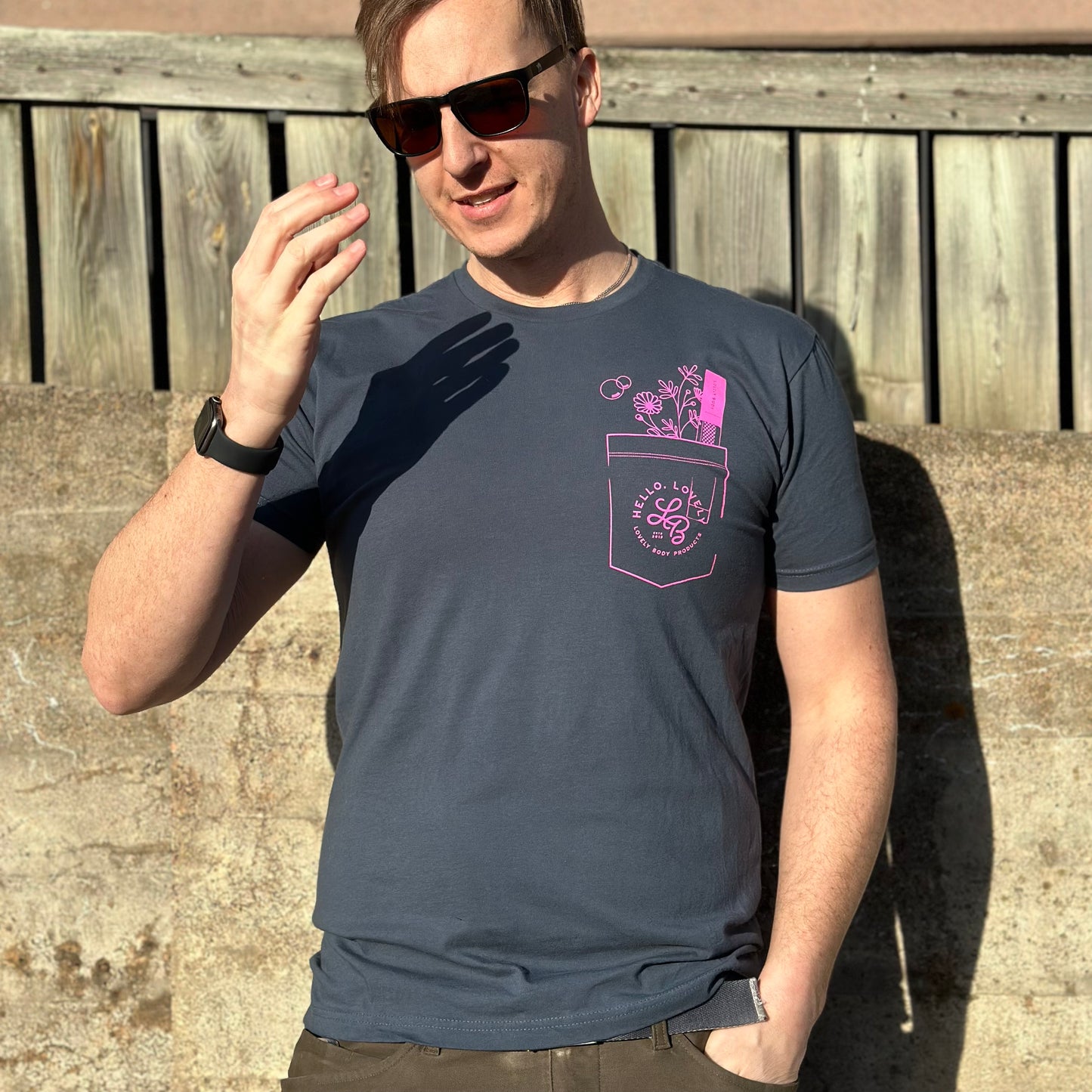 Man wearing navy coloured t shirt