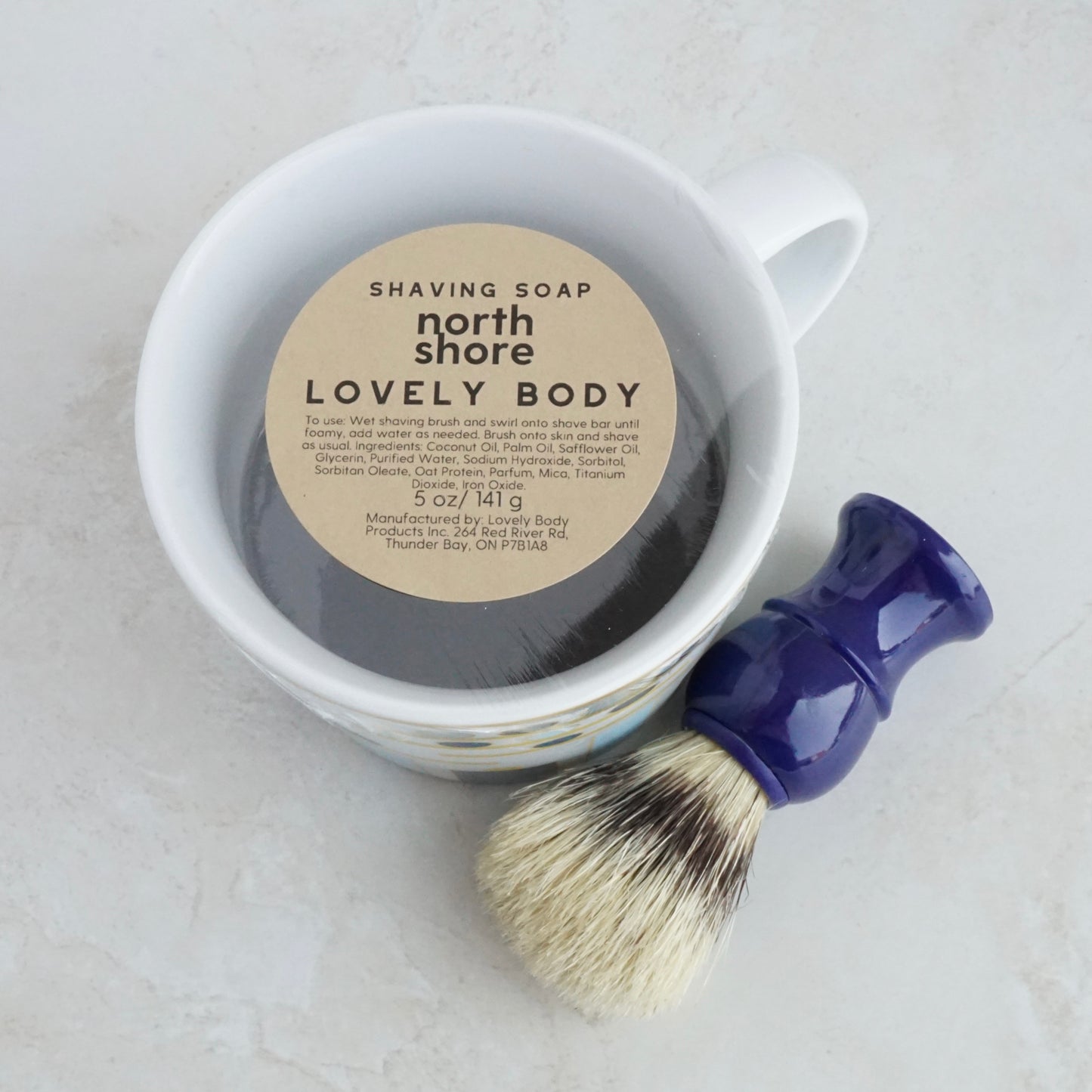 Shaving Soap & Brush in Ceramic Mug - North Shore & Lemon Verbena Scents