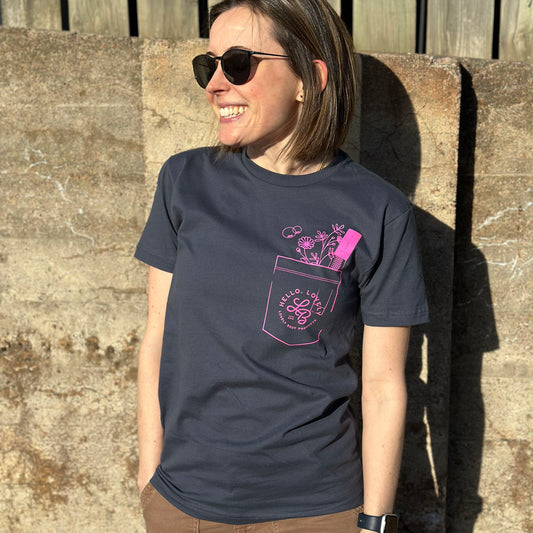 Woman in navy t shirt