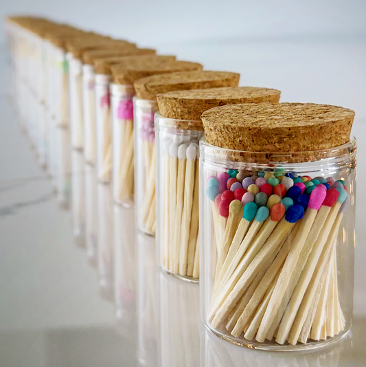 2" Colourful Wooden Matches in Cork Top Glass Jar