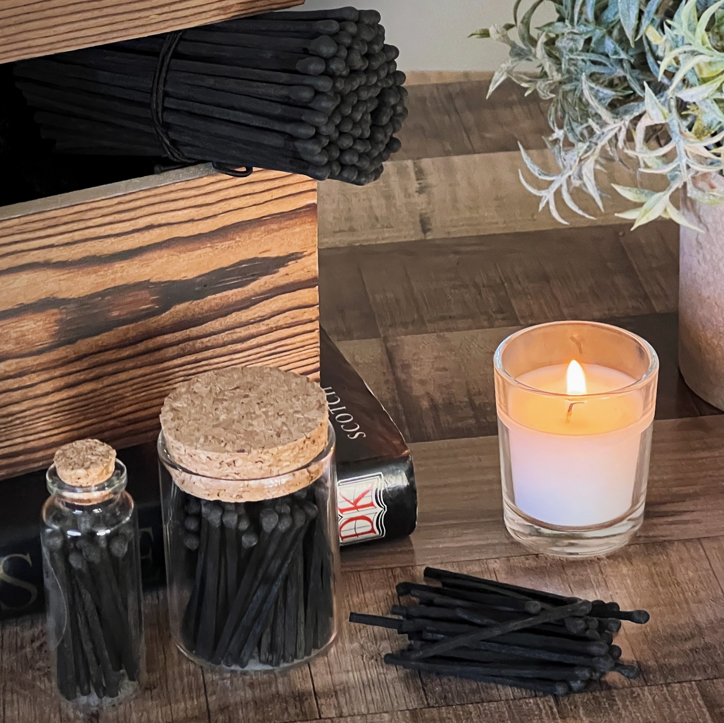 2" Colourful Wooden Matches in Cork Top Glass Jar