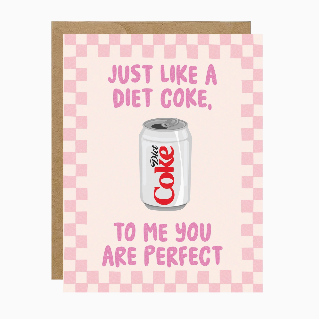 Greeting card with Diet Coke can illustration and text on a checkered background