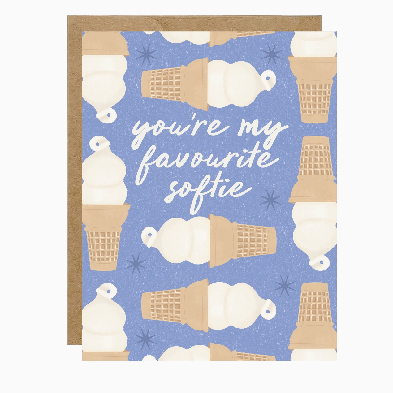 Greeting card with ice cream cone design and text 'you're my favourite softie' on a blue background.