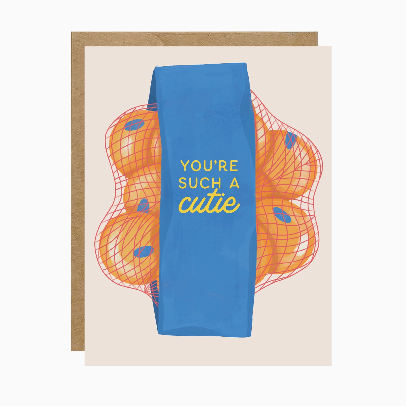 Card with blue sleeve and orange peaches design, featuring text 'You're such a cutie'.