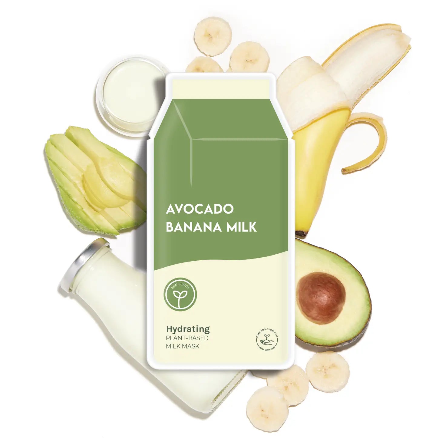 Milk carton shaped package on background of banana and avocado